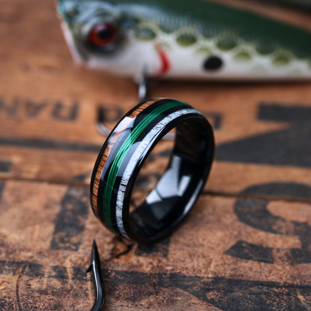 Men's Fishing Line Wedding Band - Black Tungsten Ring, Green Fishing Line, Wood, and Antler, 8mm Width, 16