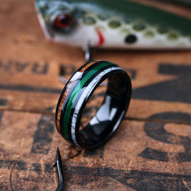 Men's Black Wedding Band With Green Fishing Line, Antler, and Wood - Tungsten Carbdie