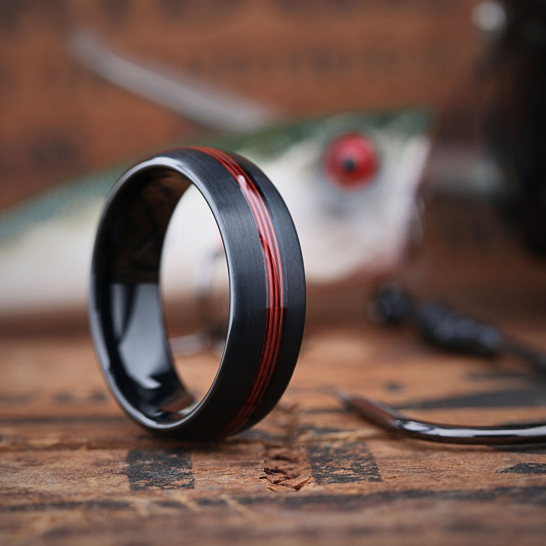 Men's Red Fishing Line Wedding Ring Crafted Out of Black Tungsten - Mackinac Marlin, 9 | Northern Royal