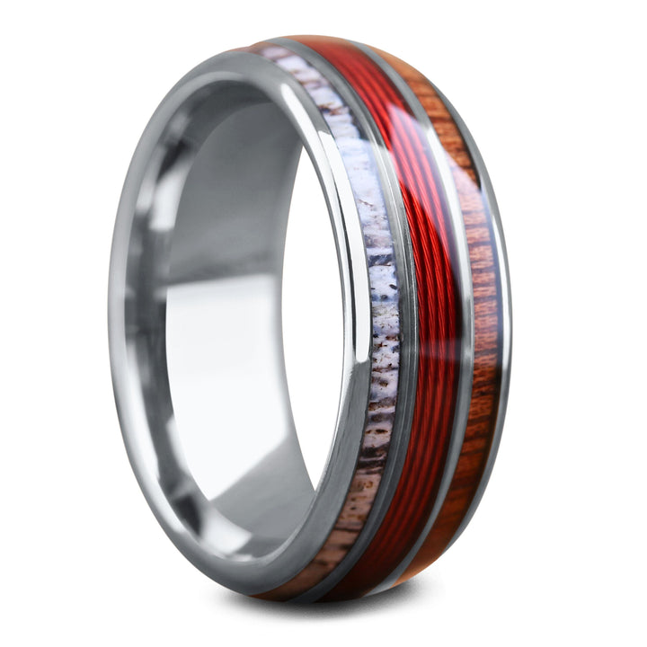 A men's wedding band made out of wood, Red Fishing Line, and Antler