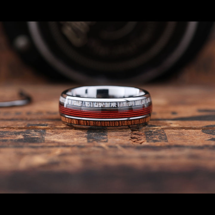 Men's Red Fishing Line Wedding Ring - Made Out of Red Fishing Line, Antler, and Wood.