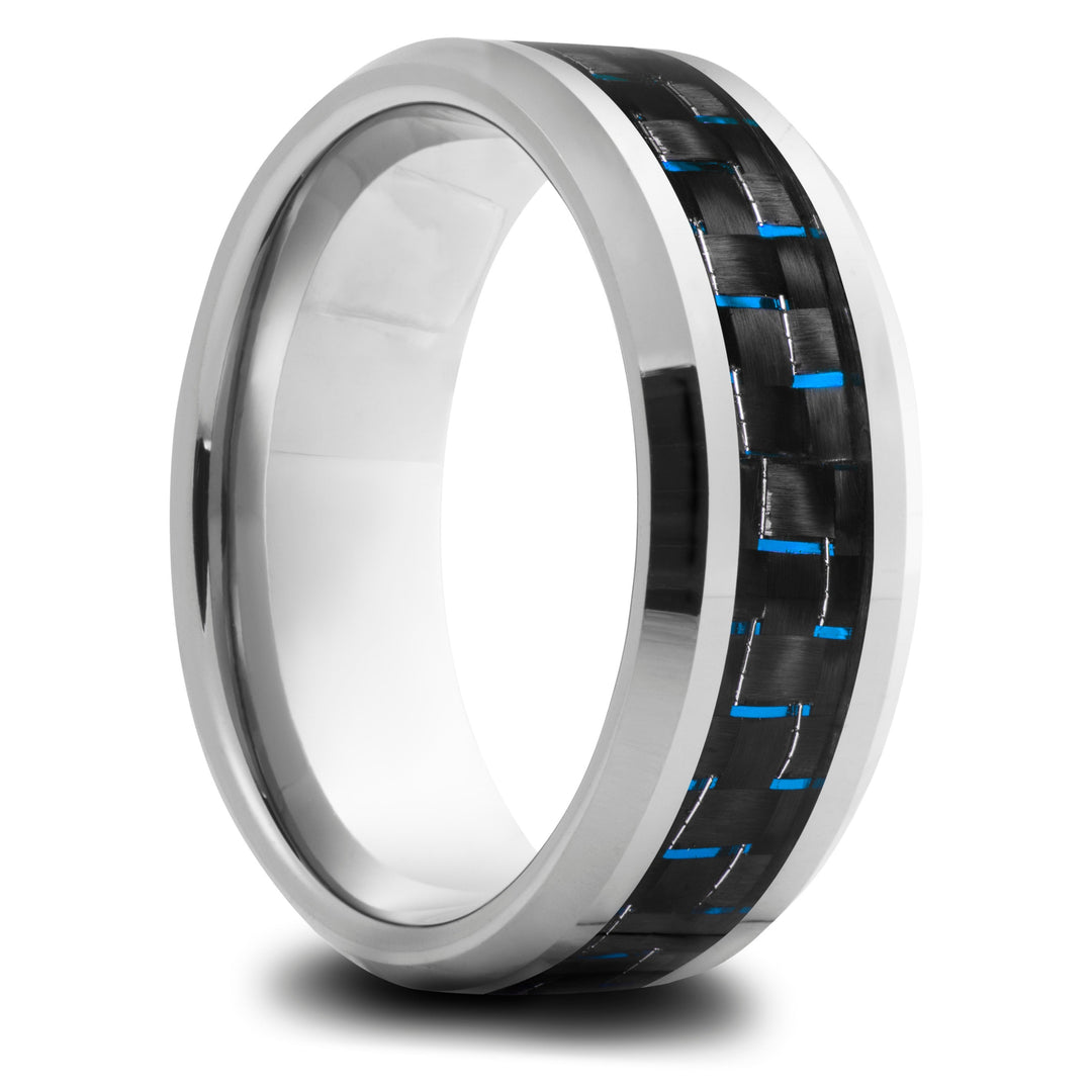 Men's Tungsten Wedding Band / Black and Blue Carbon Fiber - 8mm, Comfort Fit