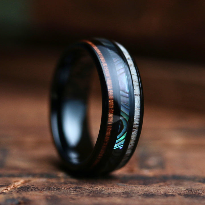 Men's Wedding Band / Wood, Abalone and Antler - Made Out of Tungsten Carbide 3