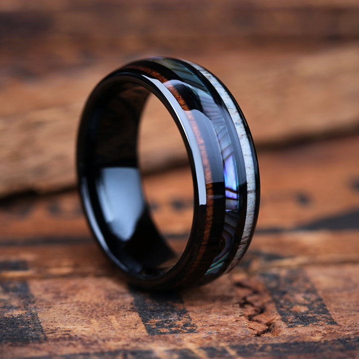 Men's Wedding Band With Wood, Abalone, and Deer Antler