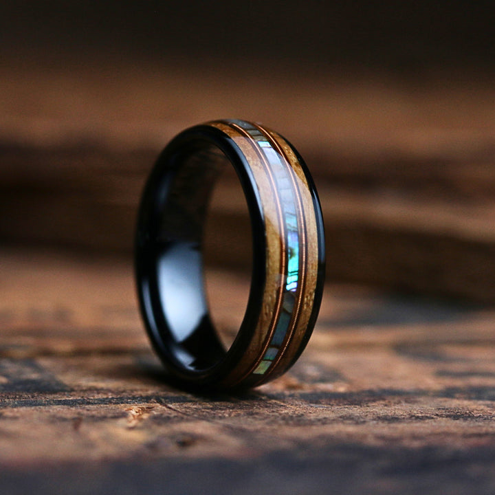 Men's Wooden Wedding Band With Abalone and Guitar String