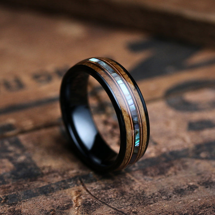 Men's Wooden Wedding Band With Abalone and Guitar String 4