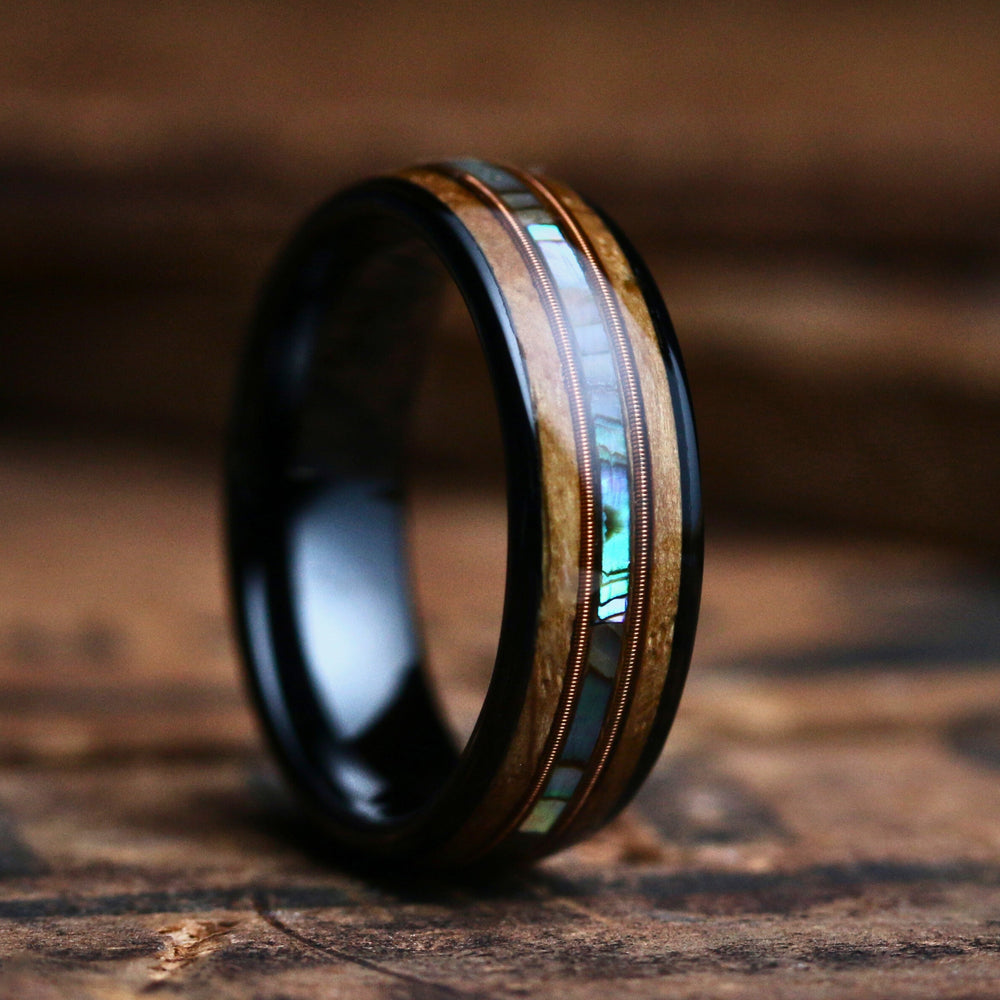 Men's Wooden Wedding Band With Abalone and Guitar String 4