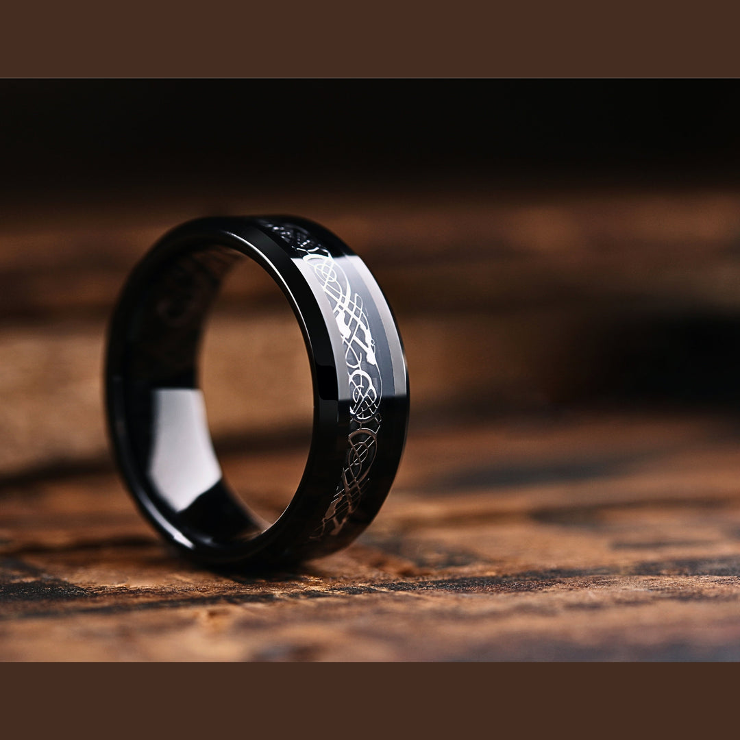 Men's Black Tungsten Wedding Band With Celtic Inlay