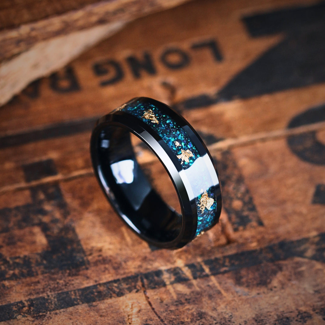 Blue Iron Ridge - Men's Black Plated Tungsten Wedding Band With Blue Crushed Stone and Gold Flakes