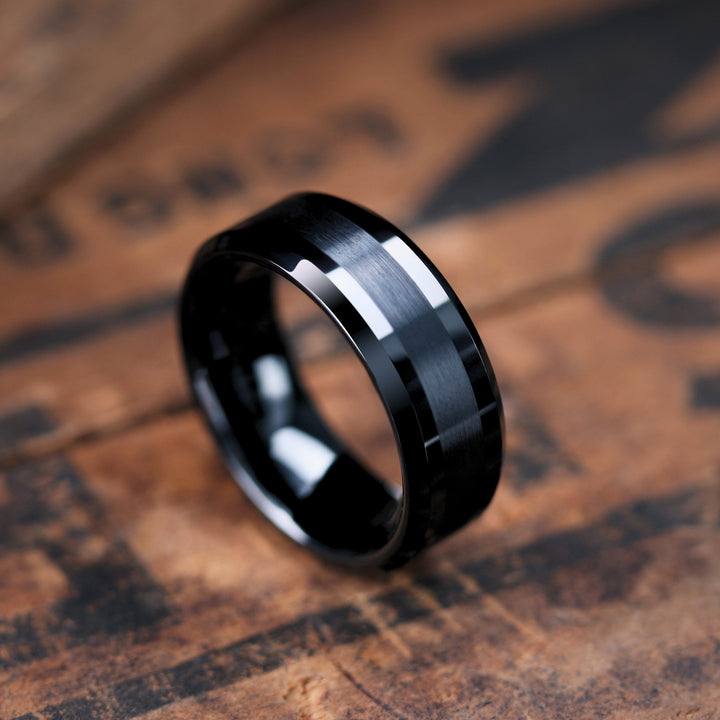 Men's Black Plated Tungsten Wedding Band With Brushed Center Stripe - Men's Wedding Band