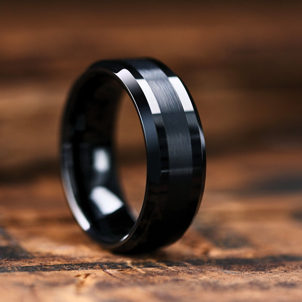 Men's Black Plated Tungsten Wedding Band With Brushed Center Stripe - Men's Wedding Band