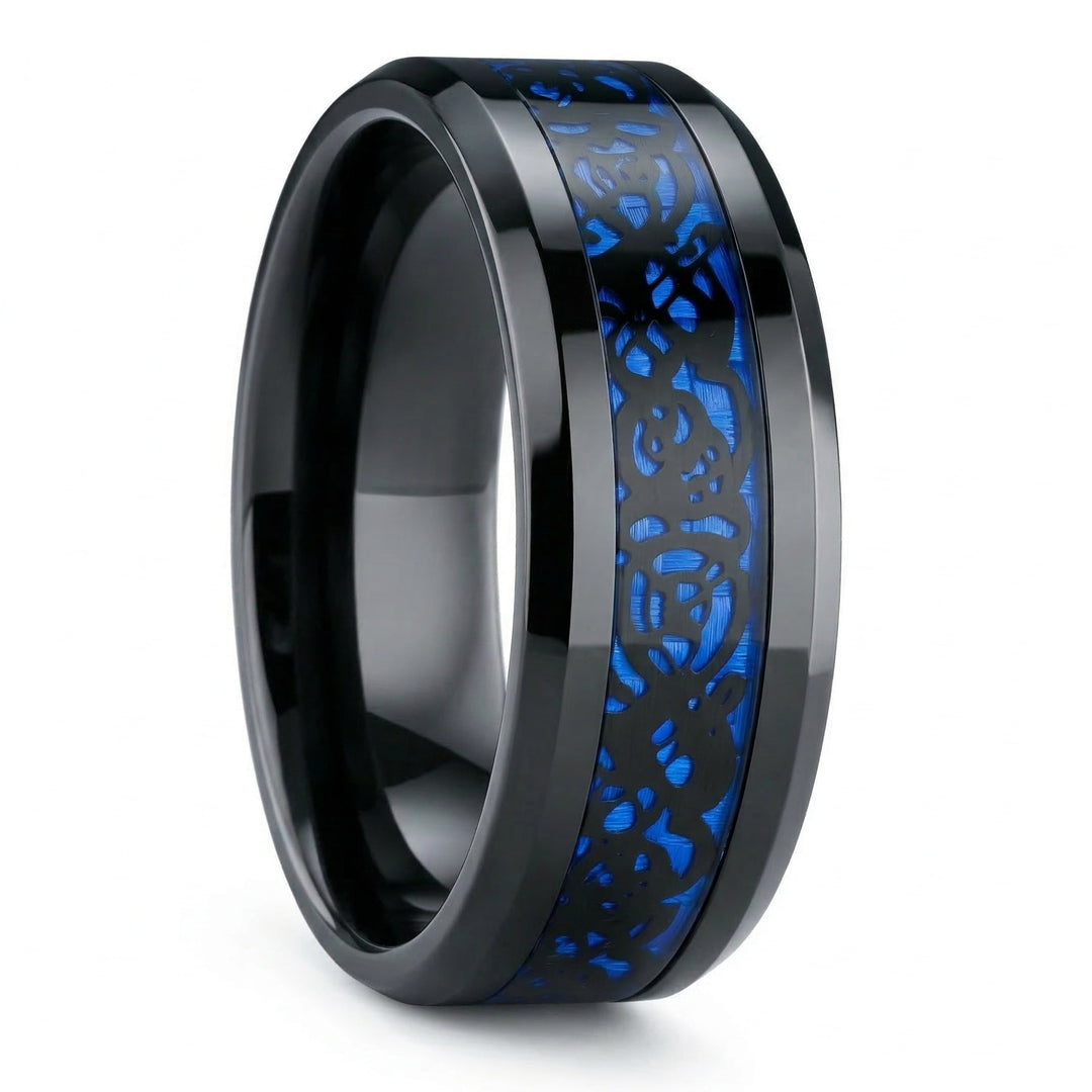 Men's Black and Blue Celtic Wedding Band - Tungsten