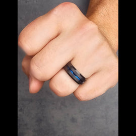 Men's Black and Blue Plated Tungsten Wedding Band with Blue Channel