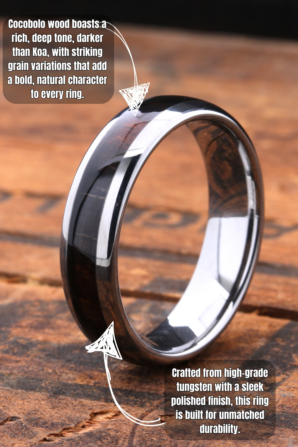 Men's Tungsten Wedding Band With Cocobolo Wood Inlay Featuring a