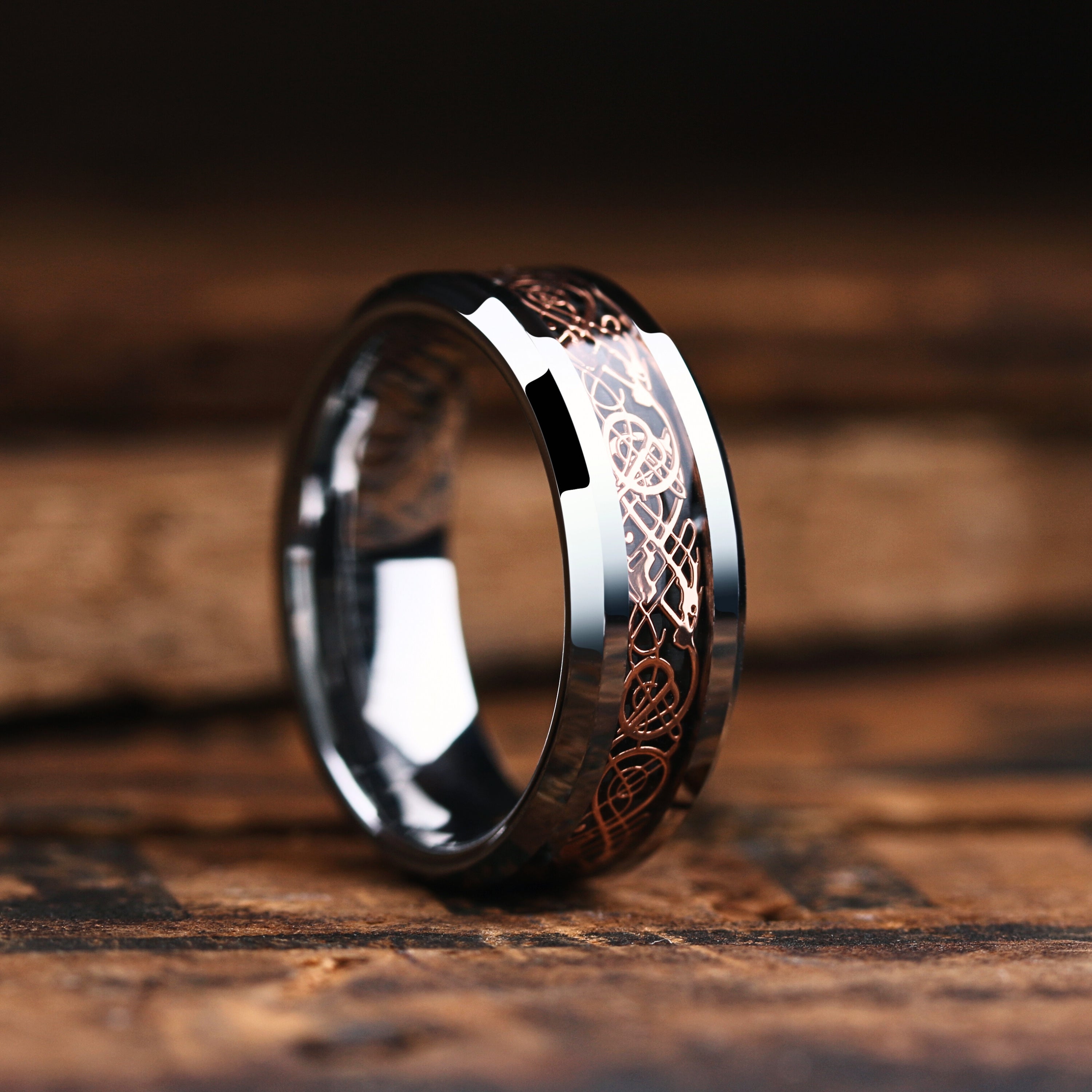 Celtic Legacy Men s Wedding Band Silver Tungsten With Rose Gold Celtic Inlay