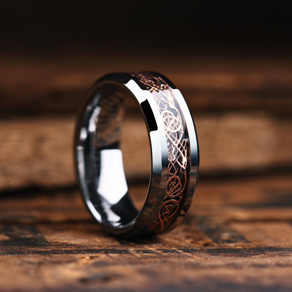 Men's Tungsten Wedding Band With Rose Gold Celtic Inlay: 8mm
