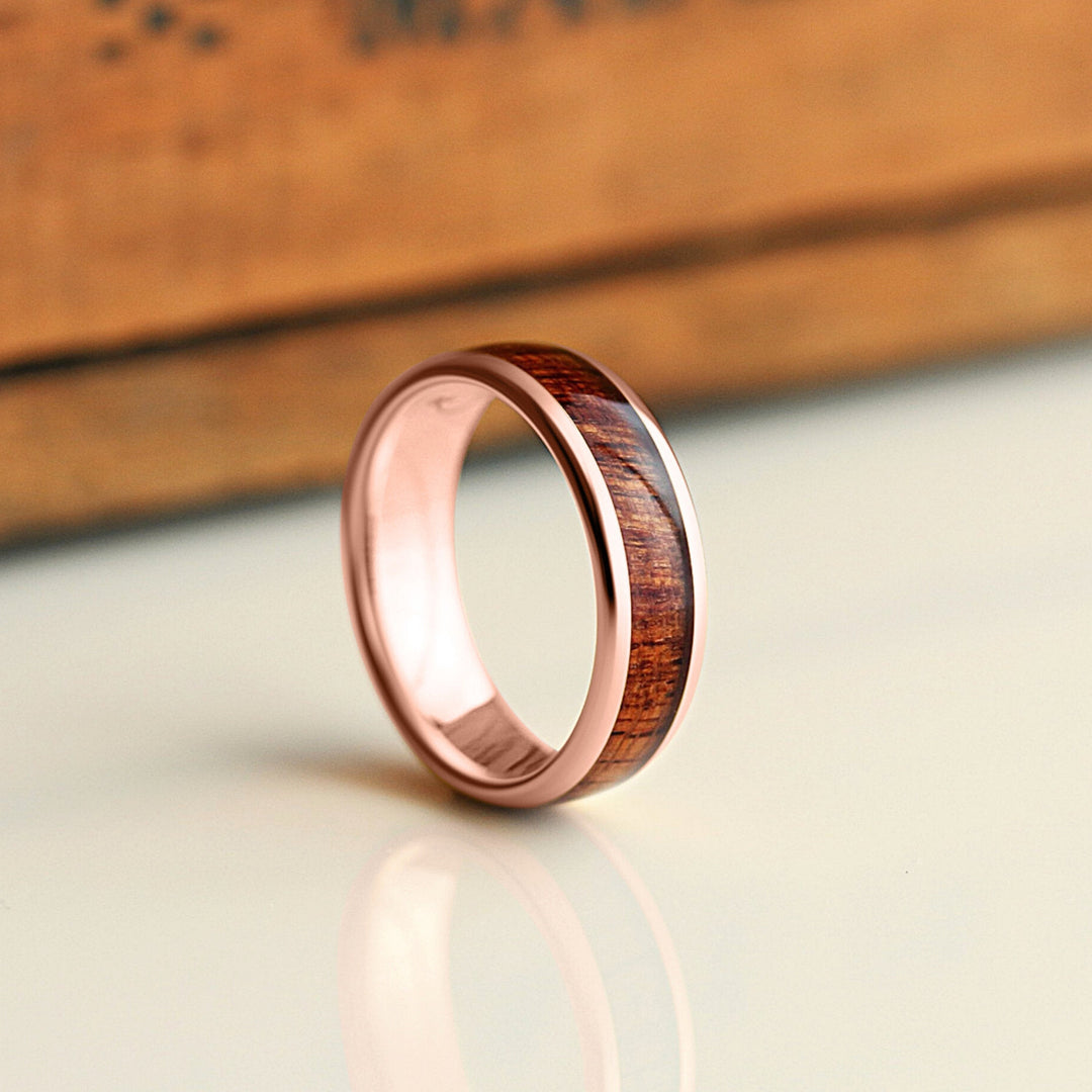Men's Rose Gold Wedding Band With a Wood Inlay - 7mm Ring 