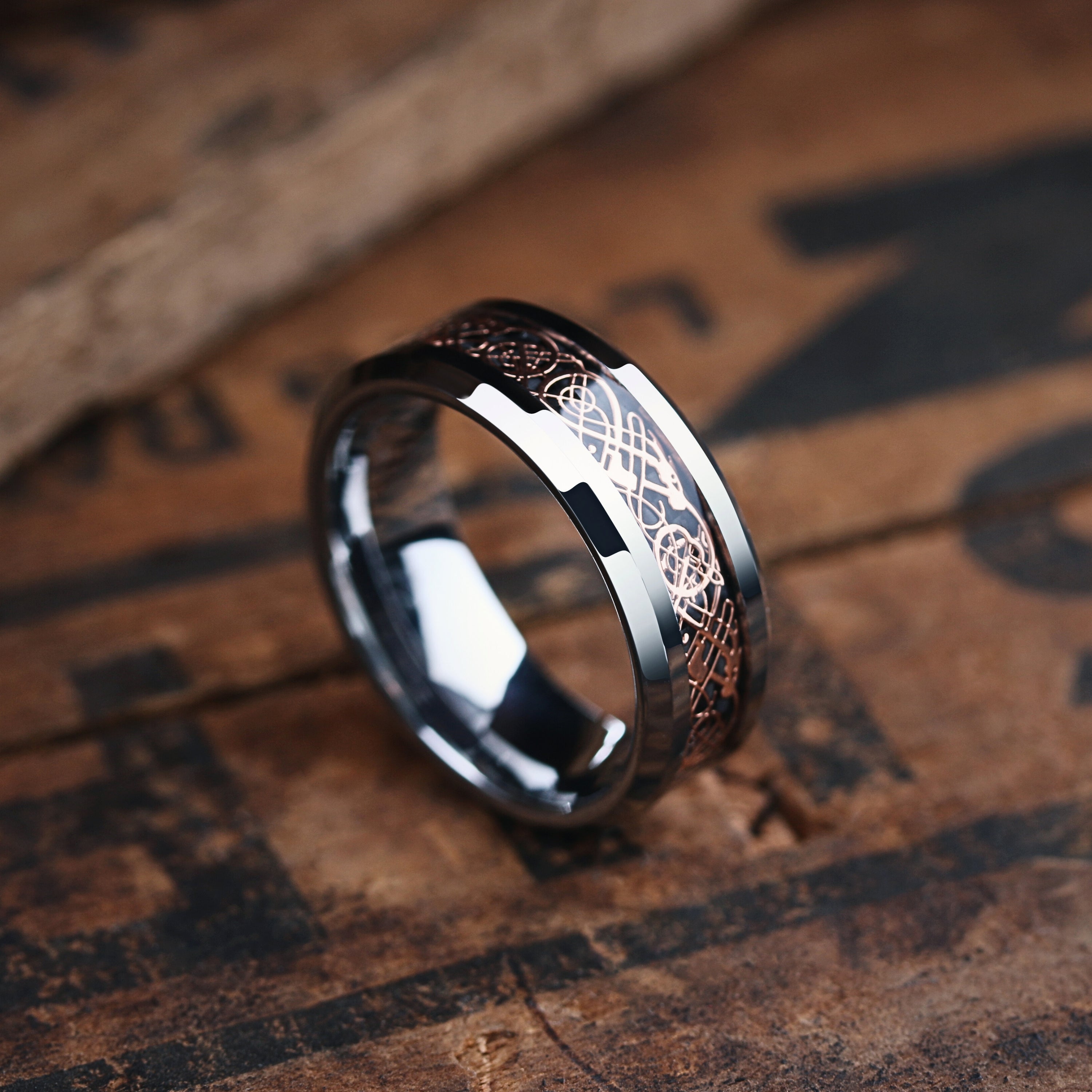 Celtic Legacy Men s Wedding Band Silver Tungsten With Rose Gold Celtic Inlay