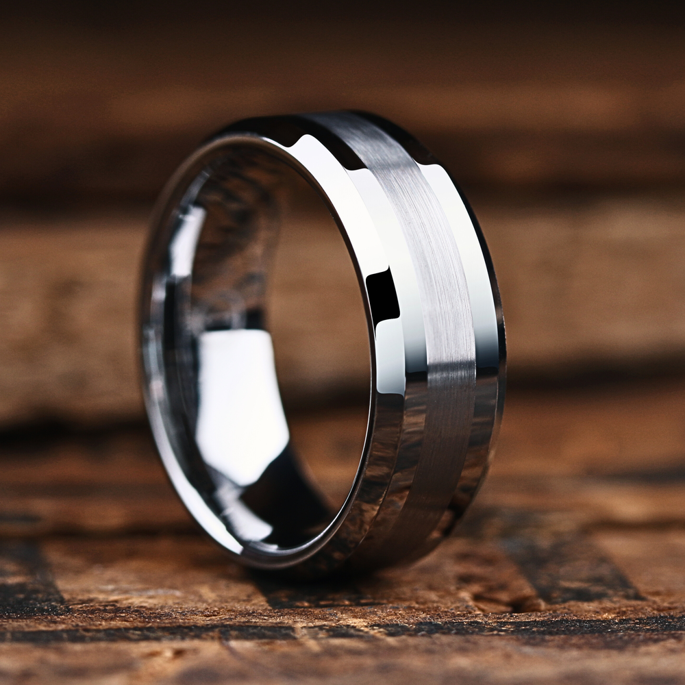 Men's Tungsten Wedding Band - Silver Tungsten Ring With Brushed Center Stripe
