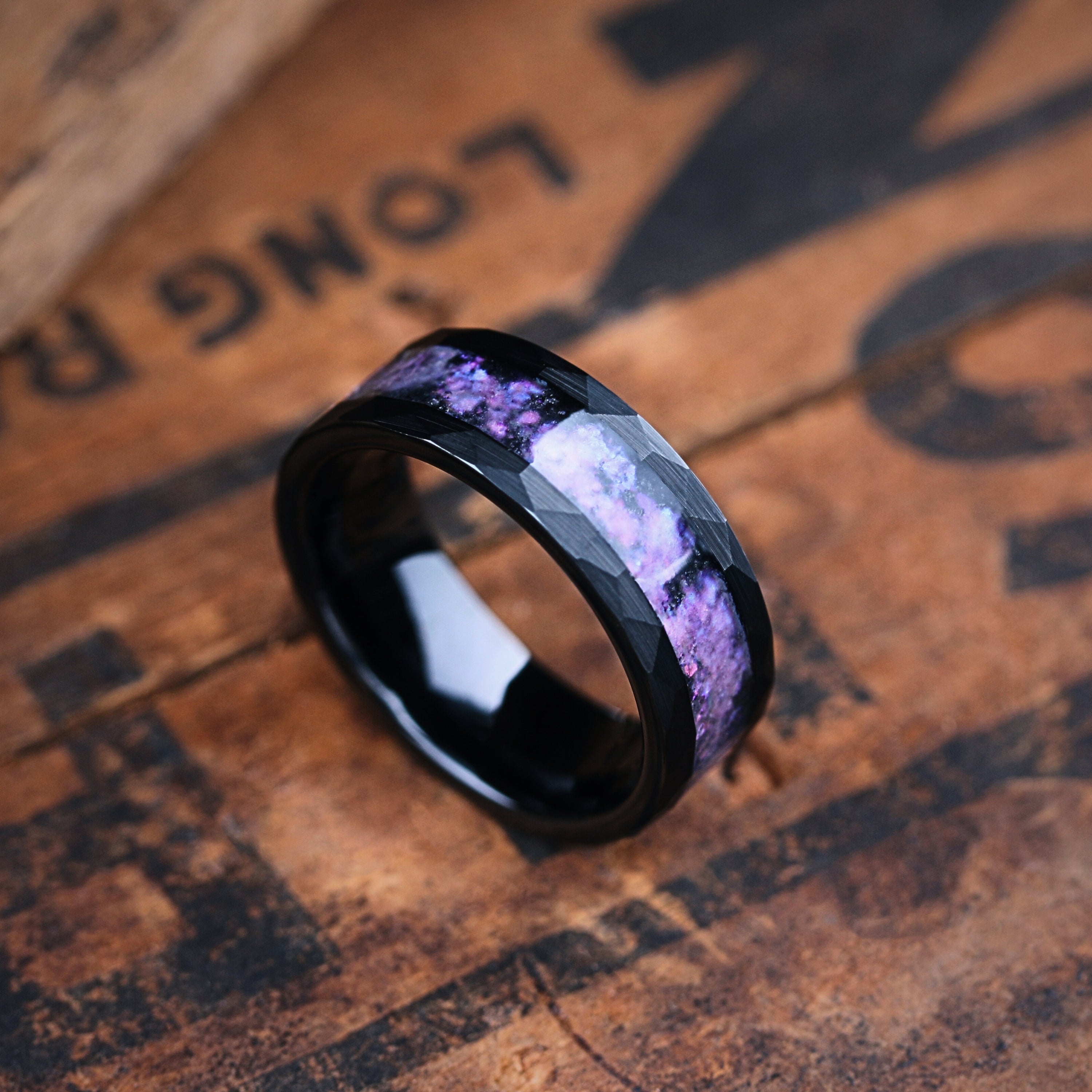 Royal Titan Men s Black Hammered Tungsten Wedding Band With Purple Crushed Stone