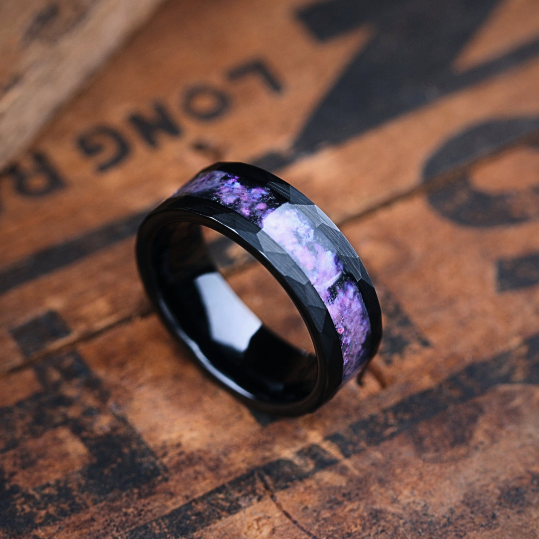 Men's Wedding Band With Purple and Crushed Blue Stones - Hammered Design: 8mm, Comfort Fit