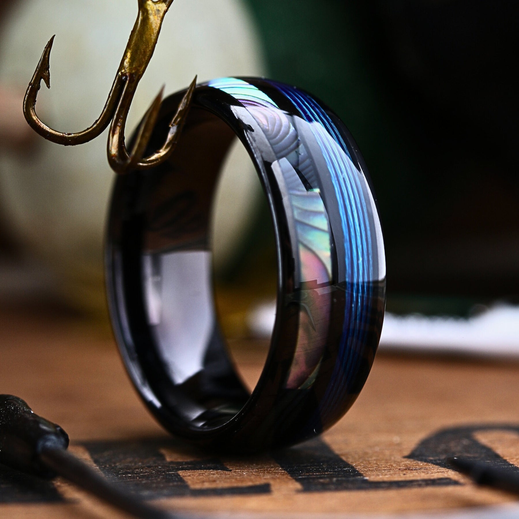 Band Fish Seablue Catch - Men's Wedding Band With Blue Fishing Line & Abalone ...