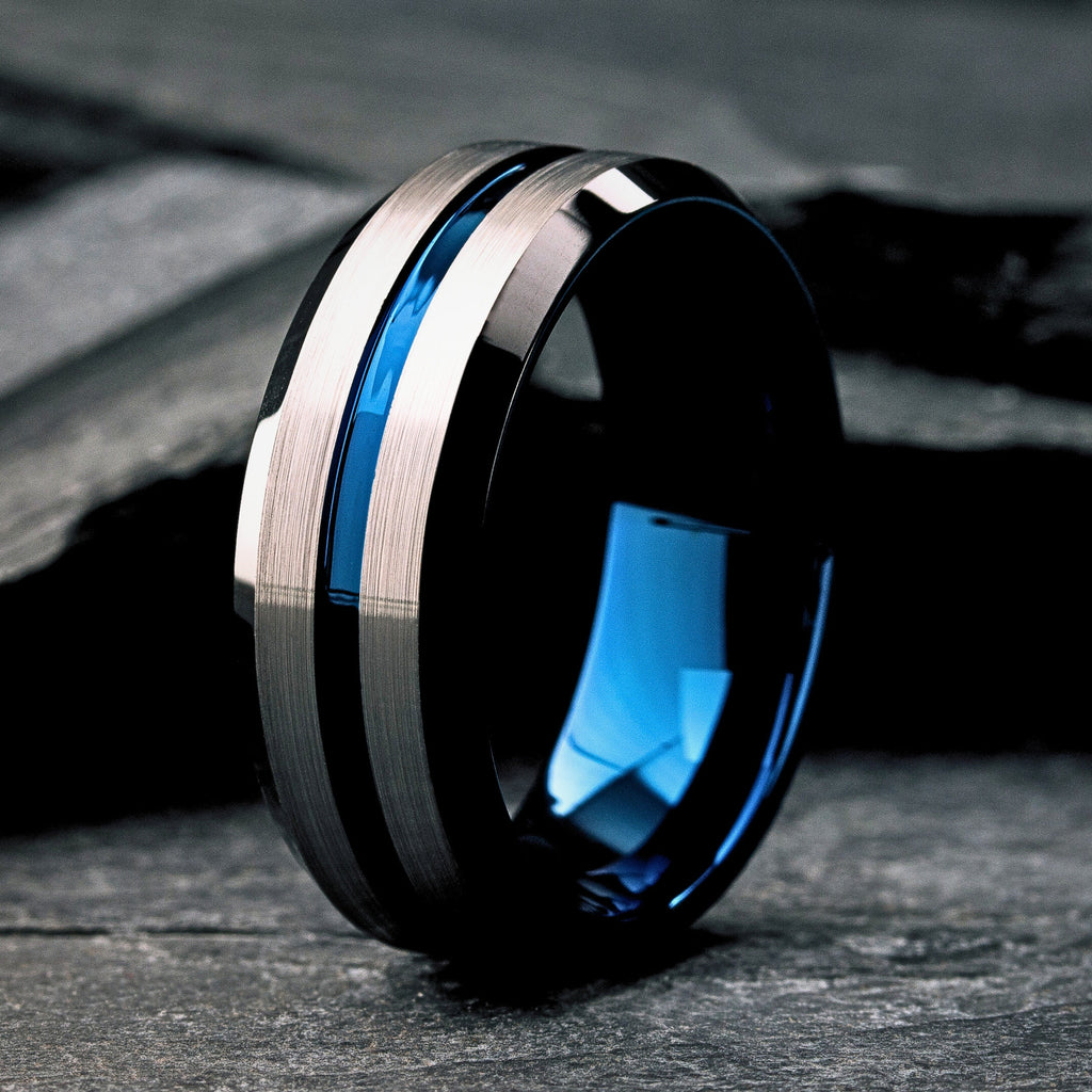 The Atlantic - Black Ridge:Unique Blue and Black Tungsten Wedding Band