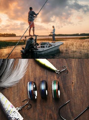 Men's Wooden Wedding Bands - The Outdoorsman Collection Consist of Rings Made Out of Antler, Wood, Fishing Line, Guitar String, and other Unqiue Materials.