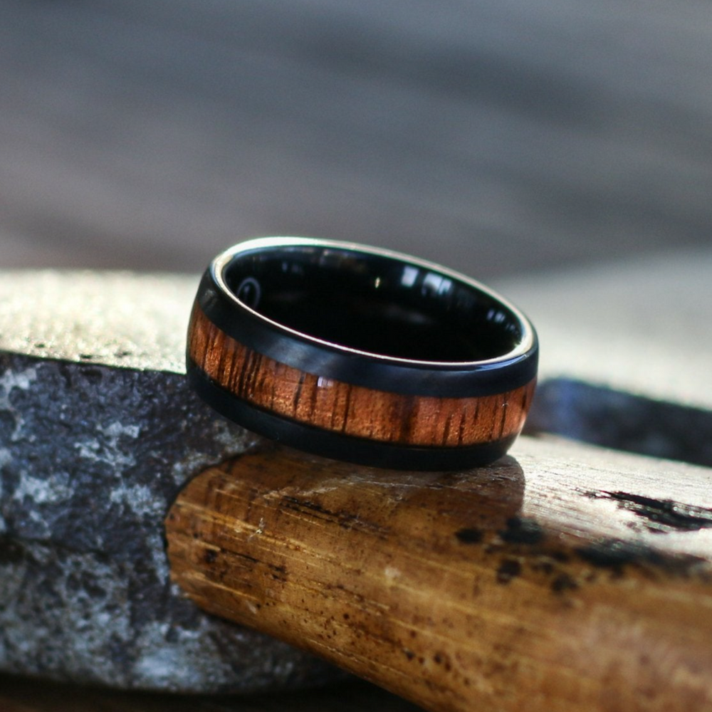 Men's Black Plated Tungsten Wedding Band / Black Matte Finish and Koa Wood Ring: 8mm, Comfort Fit