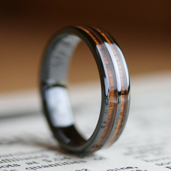 Men's Black Ceramic Wood Barrel Ring - Made out of Koa Wood