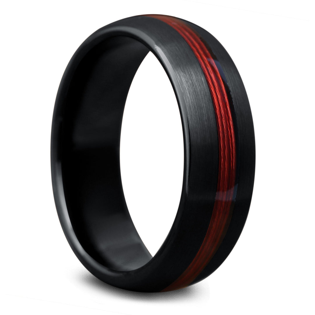 Men's Red Fishing Line Wedding Ring Crafted Out of Black Tungsten - Mackinac Marlin, 7.5