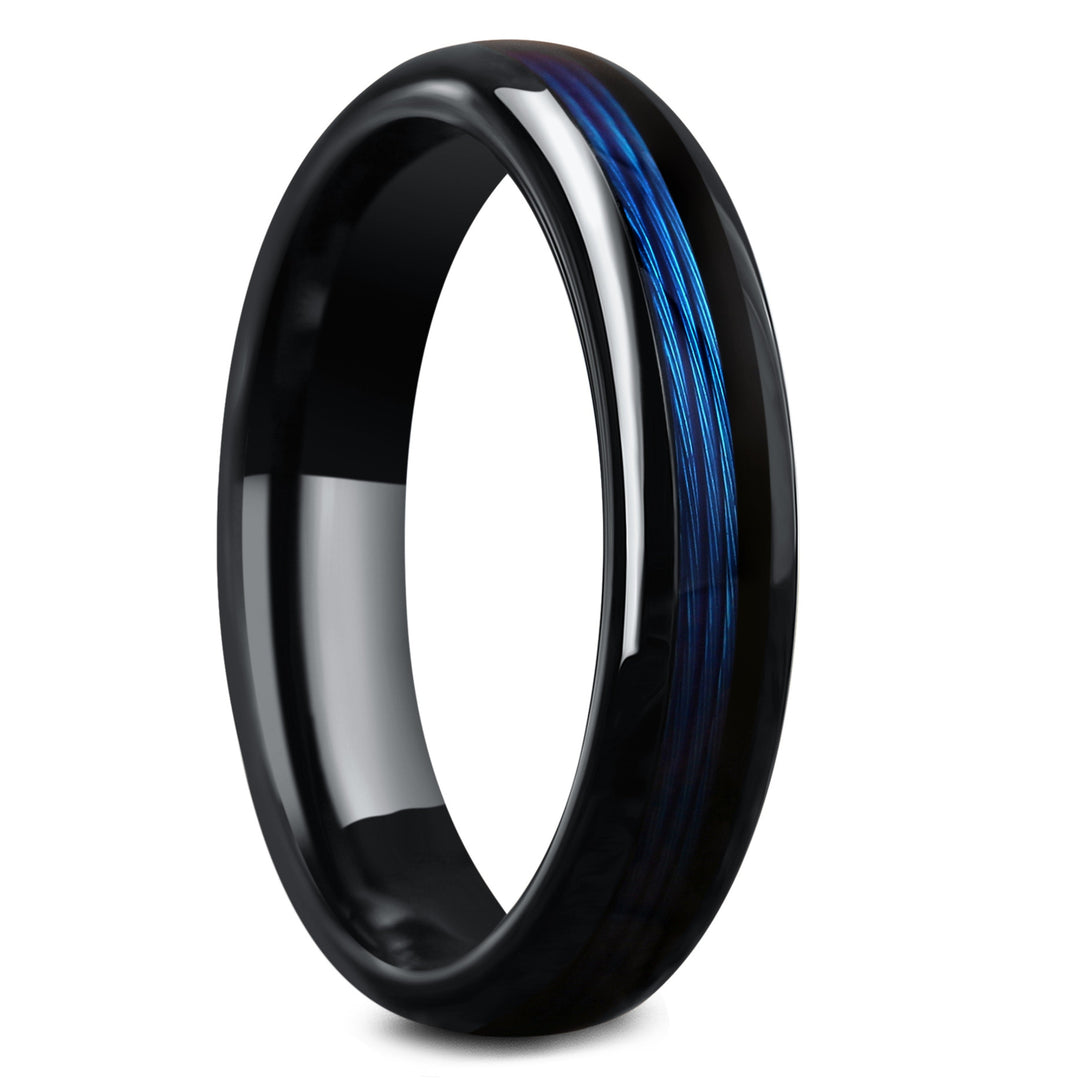 Lady Angler - Women's Black Tungsten Wedding Band With Blue Fishing Line, 6
