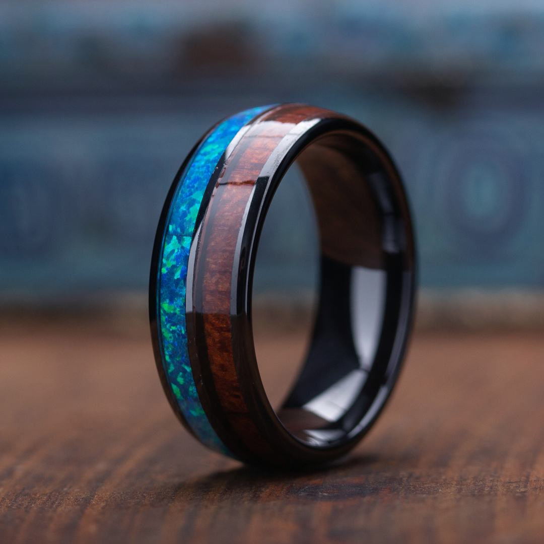 Men's Wooden Opal Barrel Wedding Band With Koa Wood