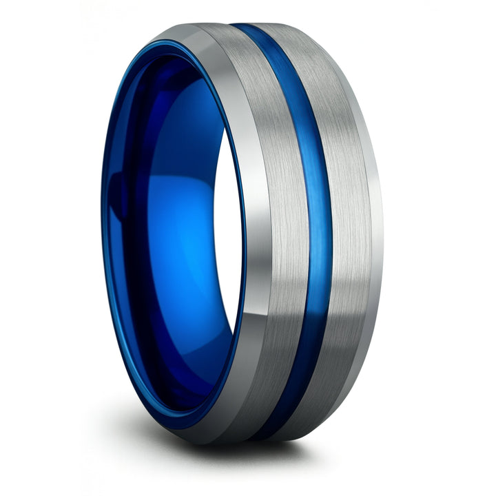 Men's Brushed Silver Tungsten Wedding Band With Blue Channel and Blue Interior