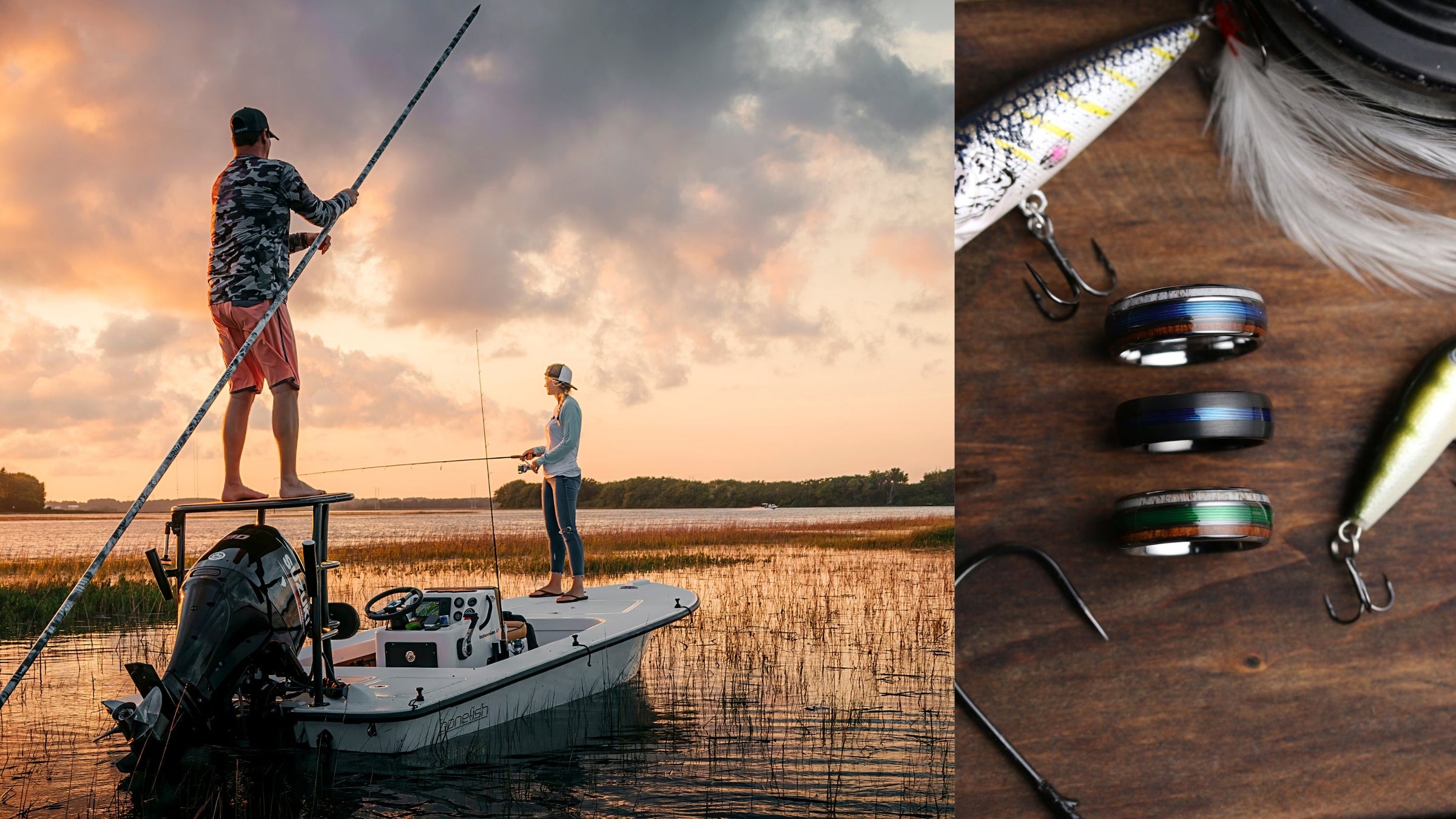 Men's Wedding Bands - The Outdoorsman Collection Consist of Men's Wedding Bands Made Out Of Wood, Antler, Guitar String, and Fishing Line