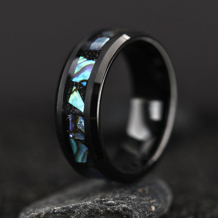 TiedBorn Men's Wedding Band With Crushed Stone and Abalone Chips