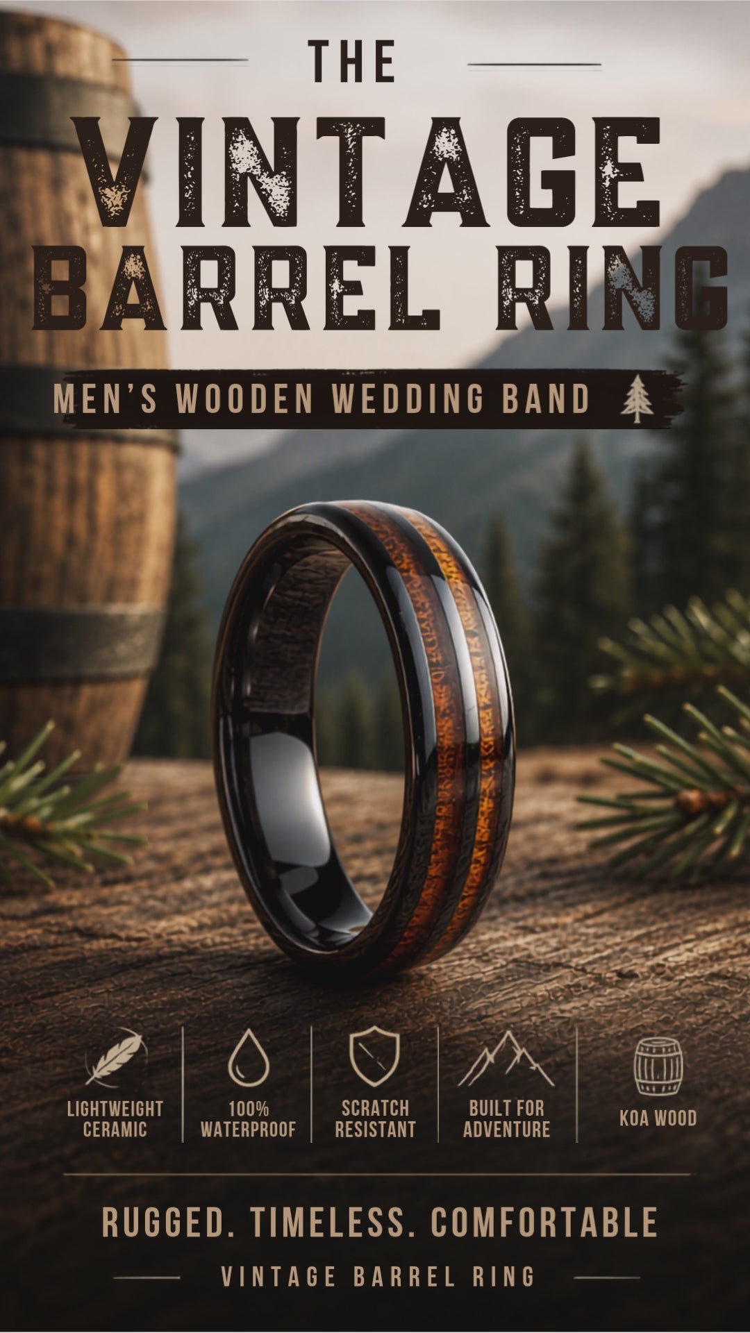 Men's Wooden Barrel Ring - Men's Wedding Band