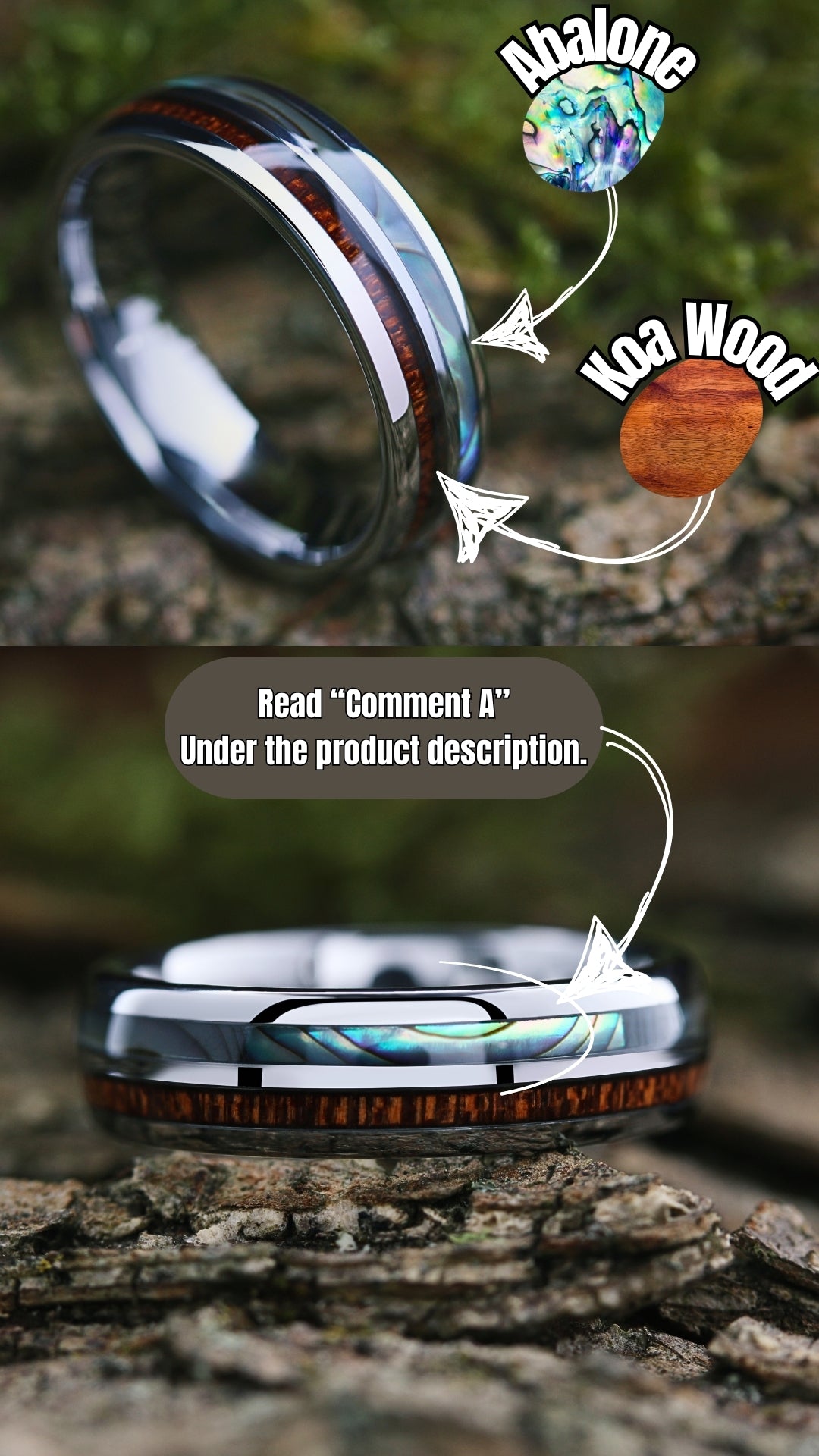 Men's or Women's Koa Wood Ring With Abalone - Tungsten