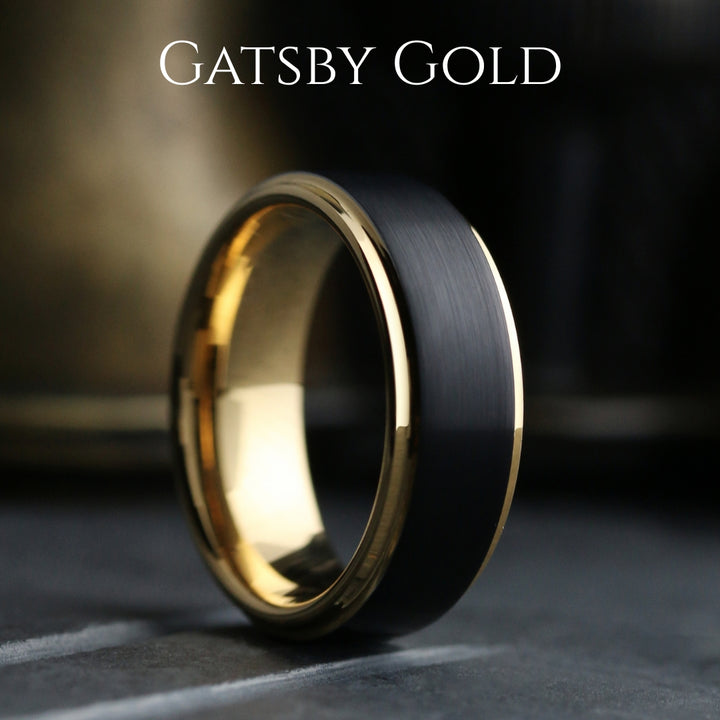 Men's Tungsten Carbide Wedding Band / Black and Yellow Gold With Brushed Texture Top -8mm, Comfort Fit