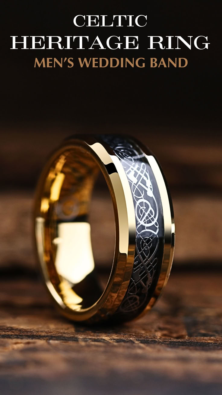 Men's Yellow Gold Celtic Wedding Band Made out of Tungsten Carbide: 8mm, Comfort Fit