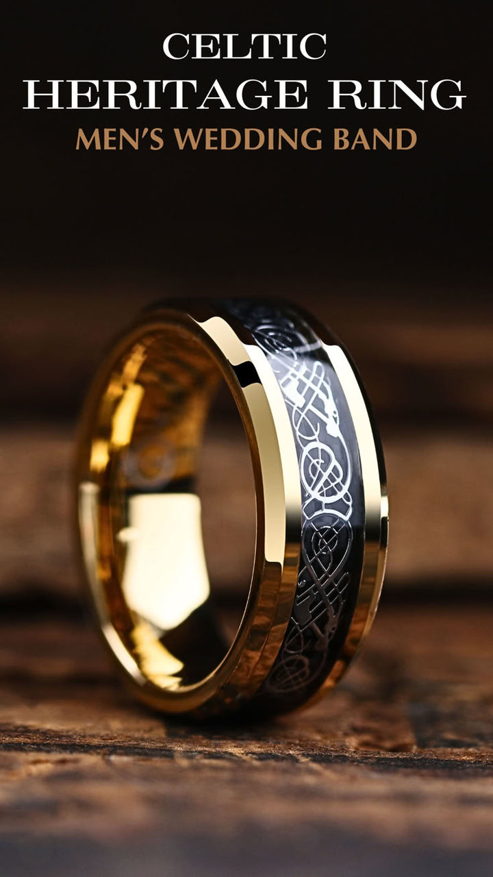 Men's Yellow Gold Celtic Wedding Band Made out of Tungsten Carbide: 8mm, Comfort Fit