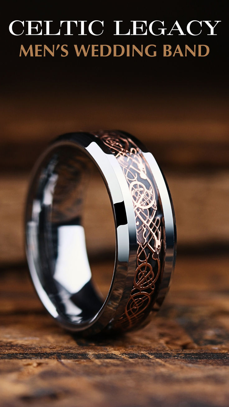 Men's Celtic Legacy Wedding Band - Silver Tungsten Ring With Rose Gold Celtic Inlay Design
