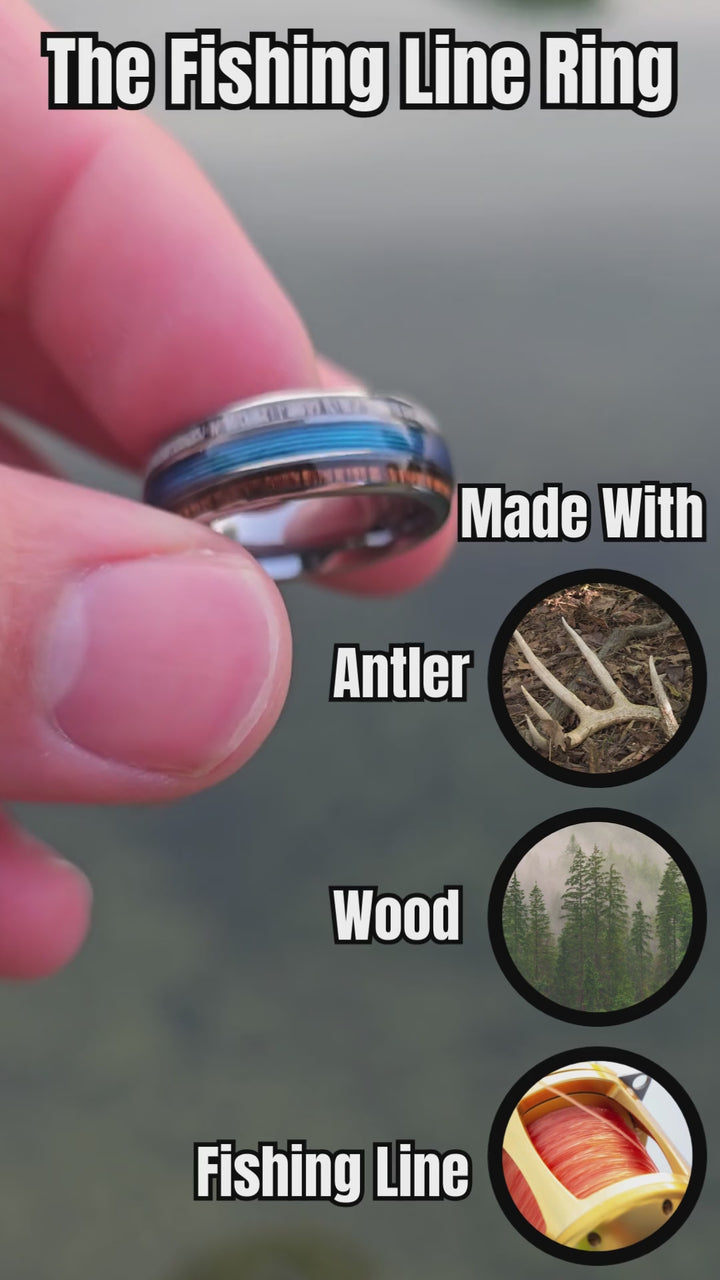 Men's Fishing Line Ring With Antler, Wood, and Blue Fishing Line