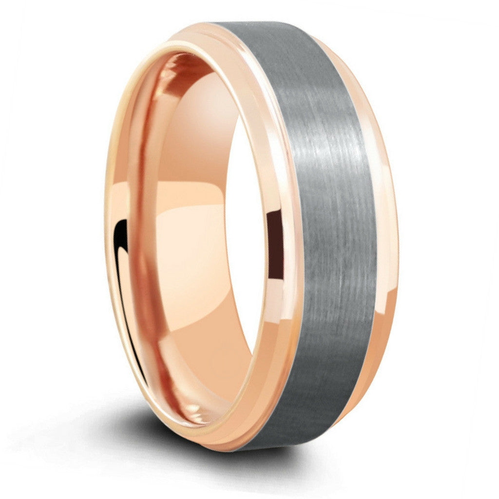 18K Rose Gold Tungsten Ring With Silver Brushed Center