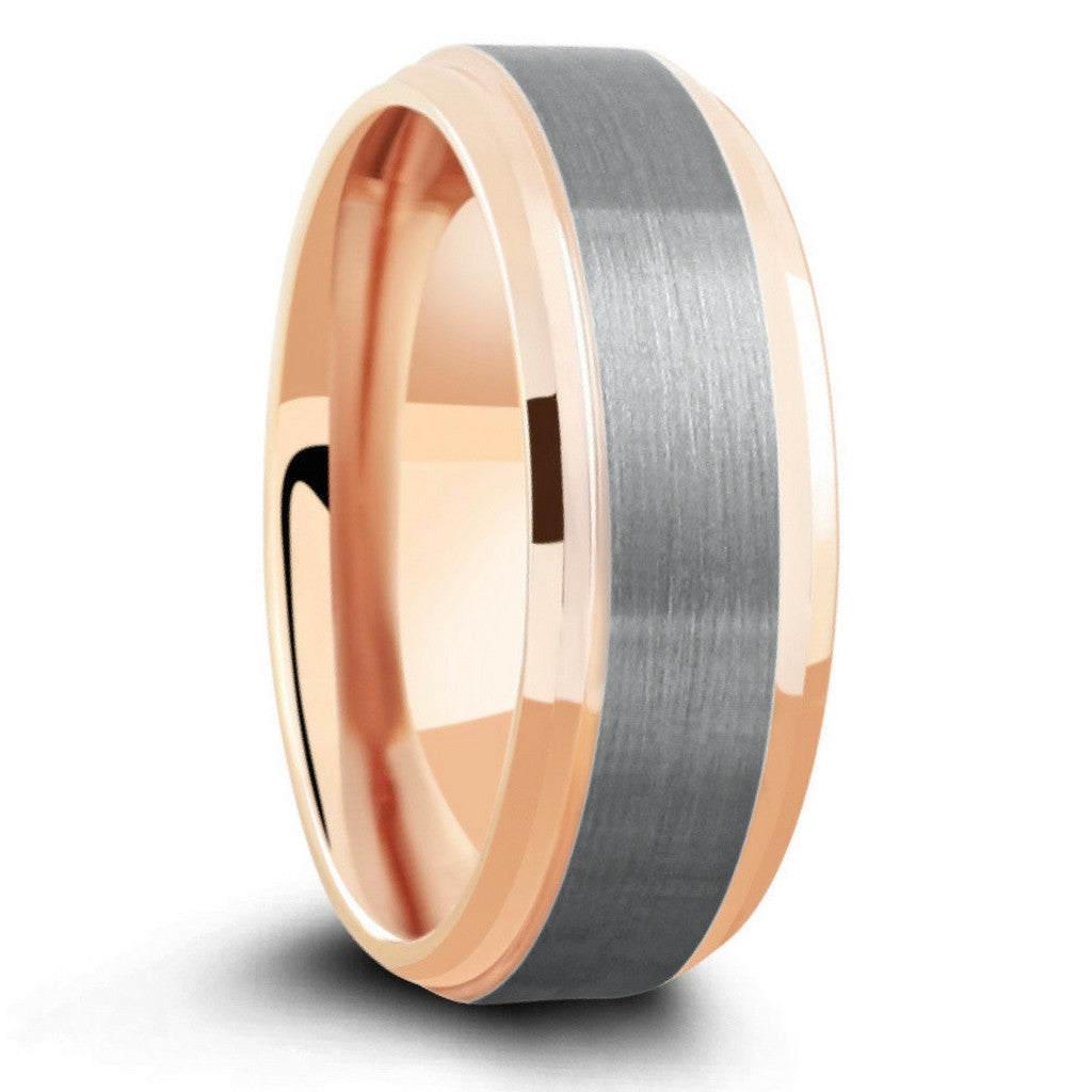 18K Rose Gold Tungsten Ring With Silver Brushed Center