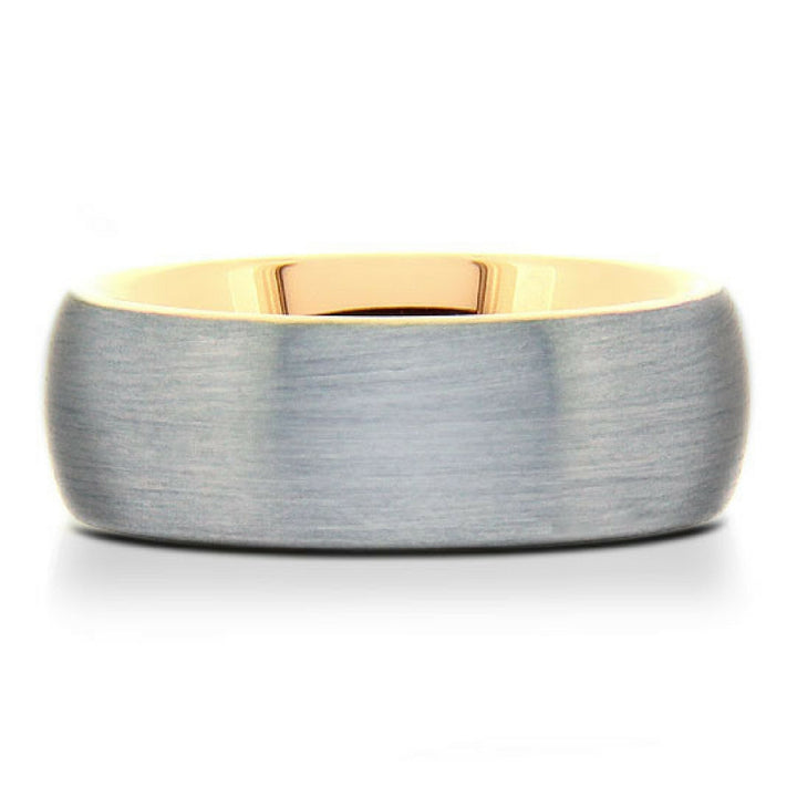 18K Yellow Gold Interior Ring With Silver Brushed Top Crafted Out of Tungsten Carbide - Mens Wedding Band