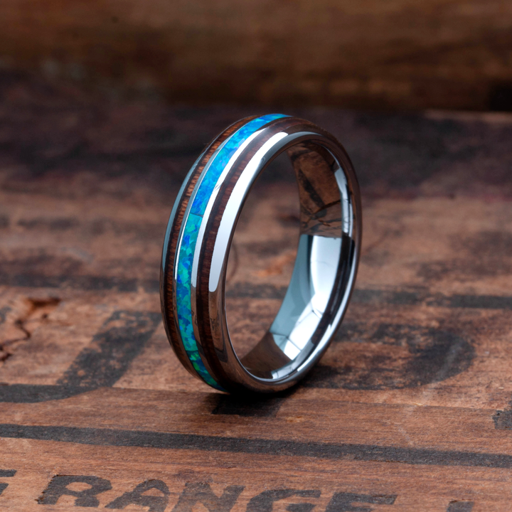 Opal Wood Barrel Ring | Opal and Wood Men's Wedding Ring | 6mm Width ...