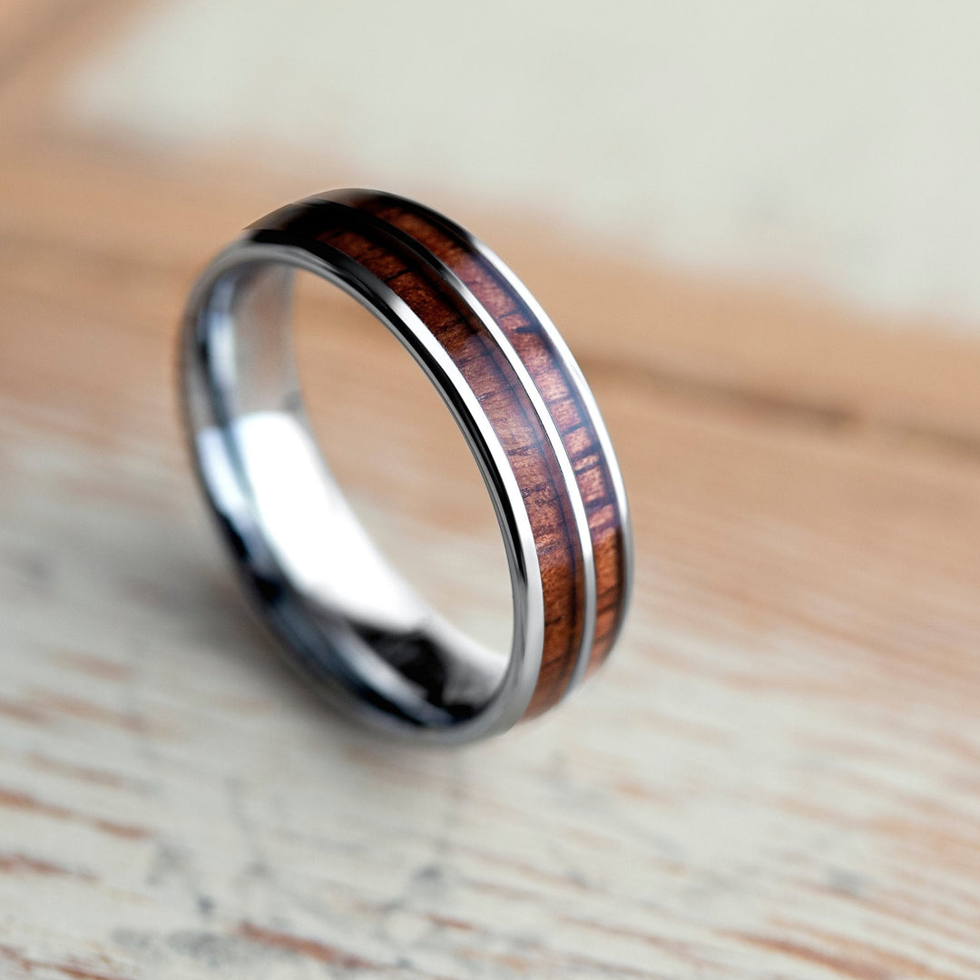 Mens Wooden Wedding Band - Silver Tungsten Wood Wedding Ring