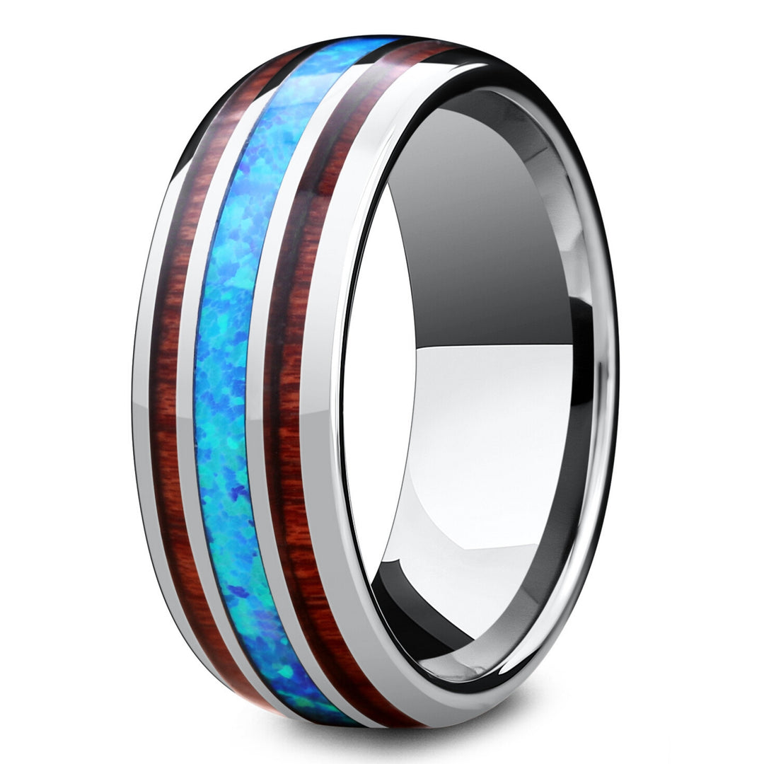 Koa Wood Opal Barrel Ring For Men 8mm Width