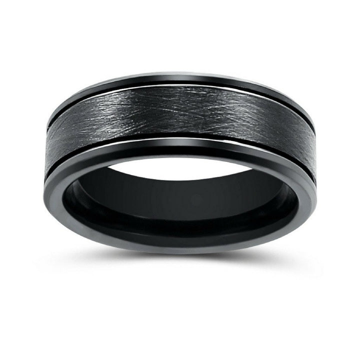 Black Brushed Tungsten Wedding Band With Channel Grooves and Beveled Edges - 8mm In Width Mens Wedding Band